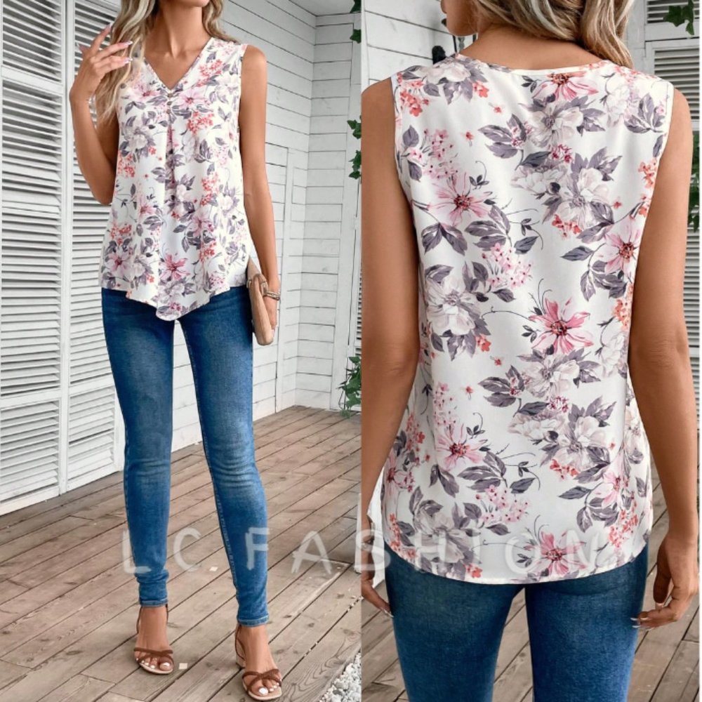 Boho Blouse, Floral Print V Neck Sleeveless Blouse, Summer Top